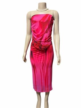 NWT AFRM Strapless Ruched Pink Abstract Print Midi Dress Size M NWT Lined $78